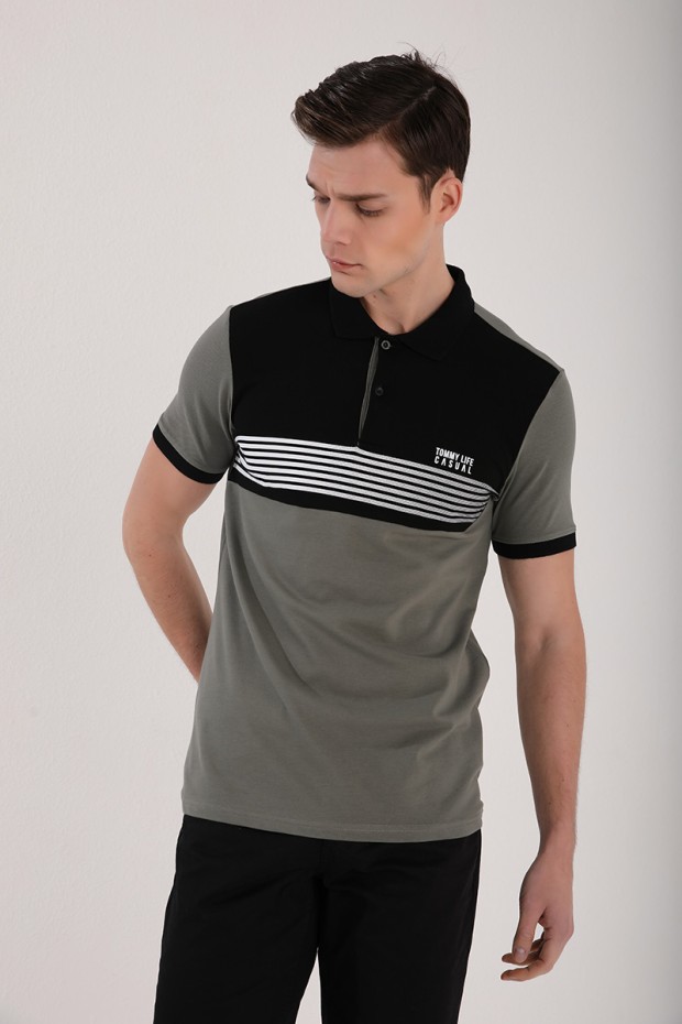 Çağla Çift Renk Göğüs Baskılı Standart Kalıp Triko Polo Yaka Erkek T-Shirt - 87939