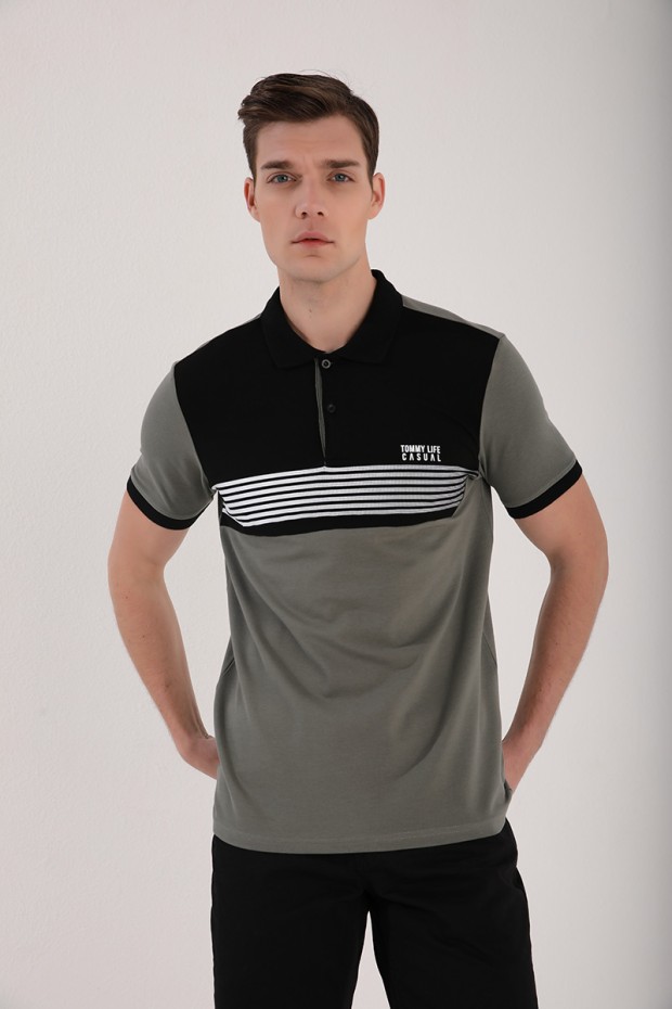 Çağla Çift Renk Göğüs Baskılı Standart Kalıp Triko Polo Yaka Erkek T-Shirt - 87939