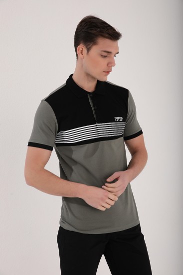 Çağla Çift Renk Göğüs Baskılı Standart Kalıp Triko Polo Yaka Erkek T-Shirt - 87939 - Thumbnail