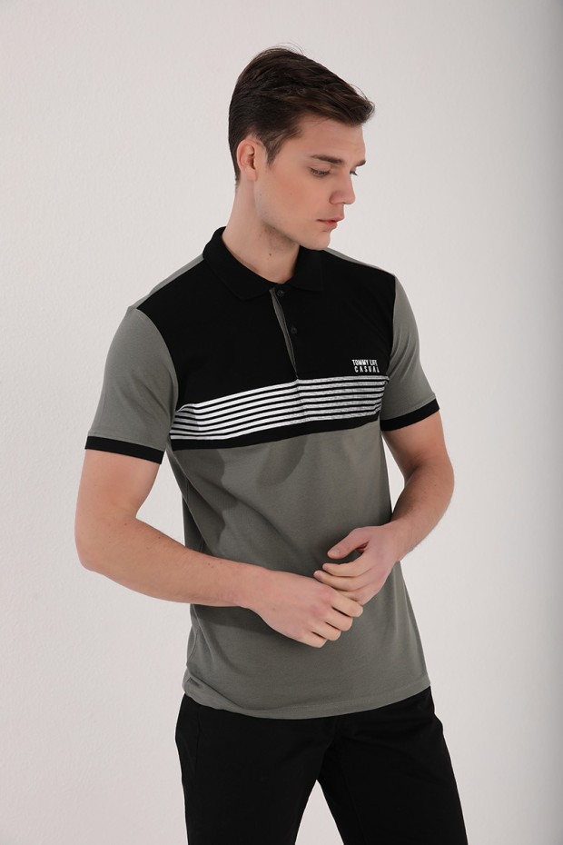 Çağla Çift Renk Göğüs Baskılı Standart Kalıp Triko Polo Yaka Erkek T-Shirt - 87939