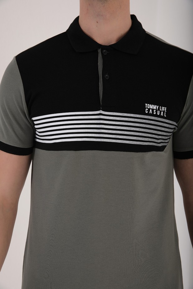 Çağla Çift Renk Göğüs Baskılı Standart Kalıp Triko Polo Yaka Erkek T-Shirt - 87939