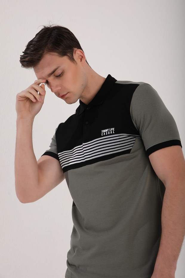 Çağla Çift Renk Göğüs Baskılı Standart Kalıp Triko Polo Yaka Erkek T-Shirt - 87939