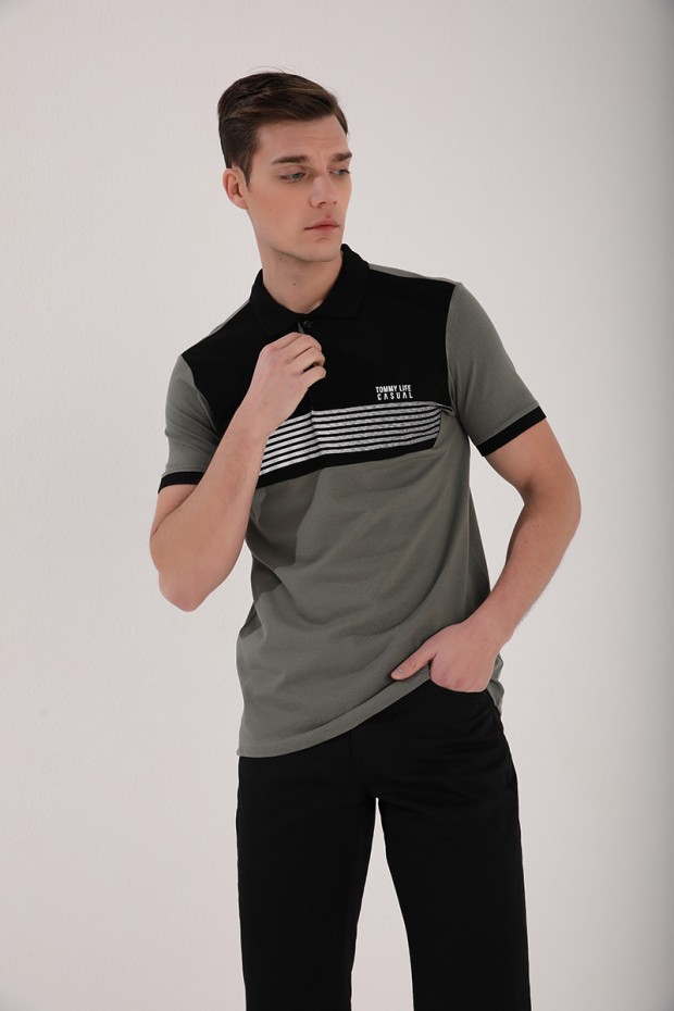 Çağla Çift Renk Göğüs Baskılı Standart Kalıp Triko Polo Yaka Erkek T-Shirt - 87939