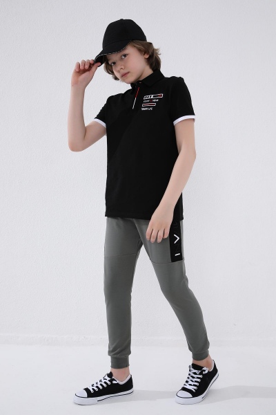 Çağla Erkek Çocuk Yazı Nakışlı Yarım Şeritli Jogger Dar Kalıp Manşetli Eşofman Alt - 64050 