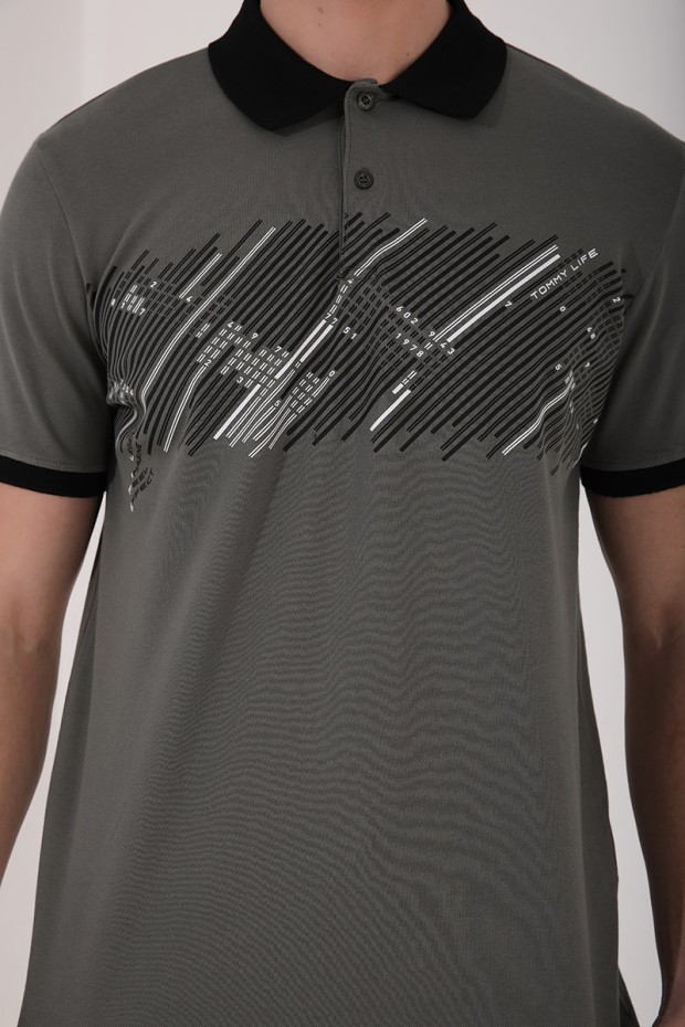 Çağla Sayı Detaylı Çizgi Baskılı Standart Kalıp Polo Yaka Erkek T-Shirt - 87955