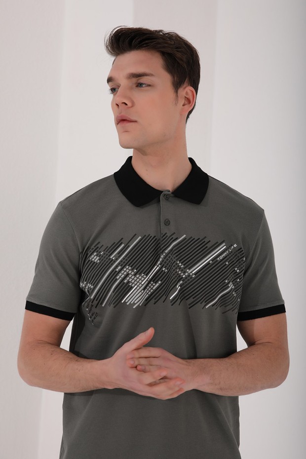 Çağla Sayı Detaylı Çizgi Baskılı Standart Kalıp Polo Yaka Erkek T-Shirt - 87955