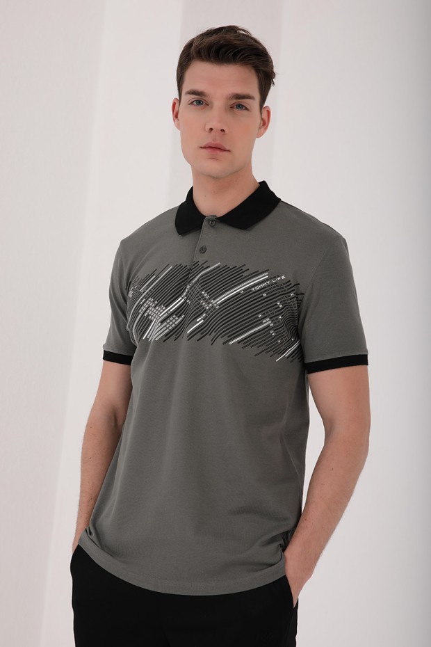 Çağla Sayı Detaylı Çizgi Baskılı Standart Kalıp Polo Yaka Erkek T-Shirt - 87955
