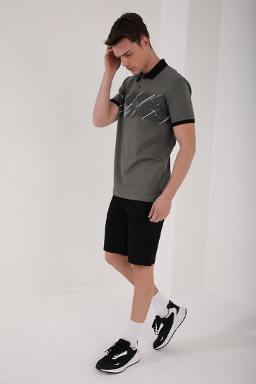 Çağla Sayı Detaylı Çizgi Baskılı Standart Kalıp Polo Yaka Erkek T-Shirt - 87955 - Thumbnail