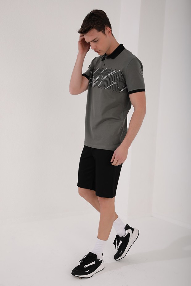 Çağla Sayı Detaylı Çizgi Baskılı Standart Kalıp Polo Yaka Erkek T-Shirt - 87955