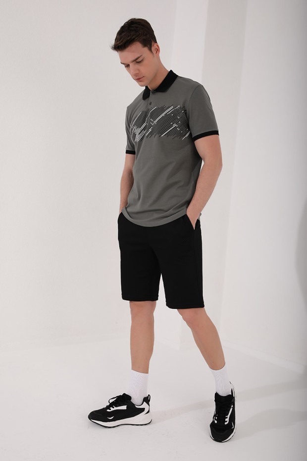 Çağla Sayı Detaylı Çizgi Baskılı Standart Kalıp Polo Yaka Erkek T-Shirt - 87955