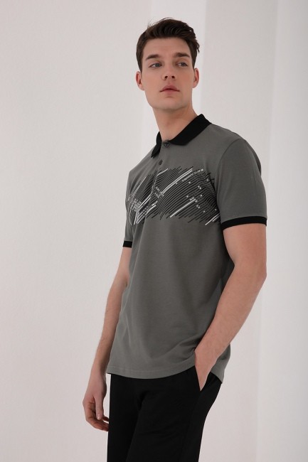 Çağla Sayı Detaylı Çizgi Baskılı Standart Kalıp Polo Yaka Erkek T-Shirt - 87955