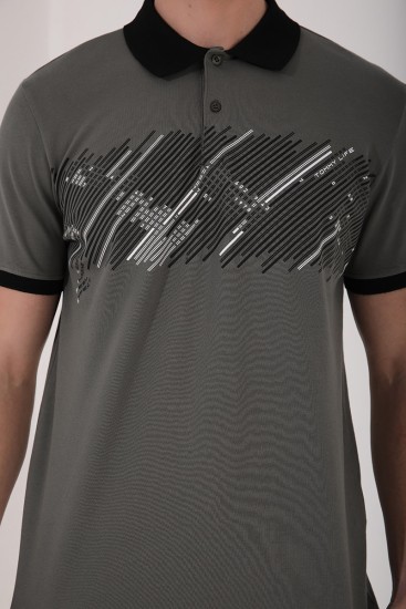 Çağla Sayı Detaylı Çizgi Baskılı Standart Kalıp Polo Yaka Erkek T-Shirt - 87955 - Thumbnail