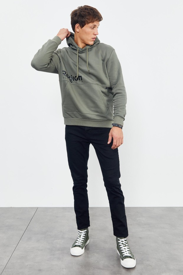 Çağla Yazı ve Desen Baskılı Kapüşonlu Rahat Form Erkek Sweatshirt - 88011