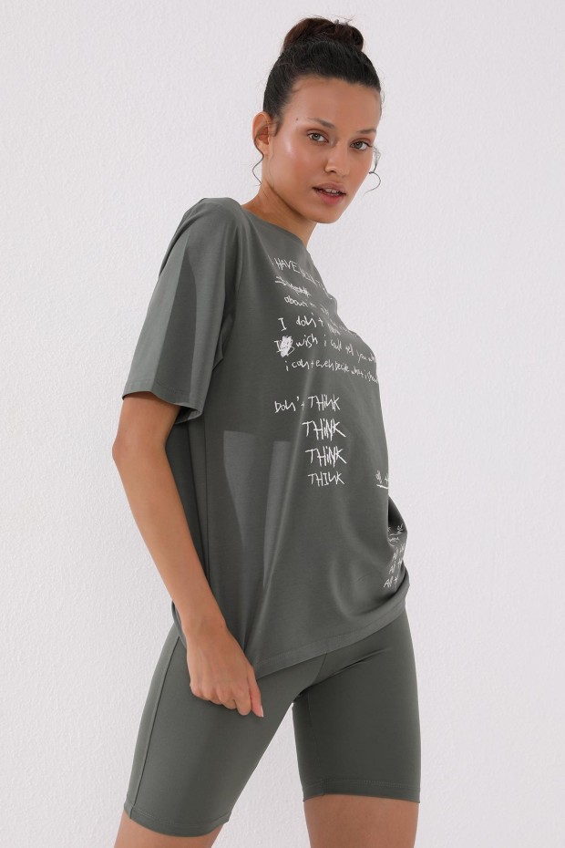 Çağla El Yazısı Baskılı O Yaka Kadın Oversize T-Shirt - 97137