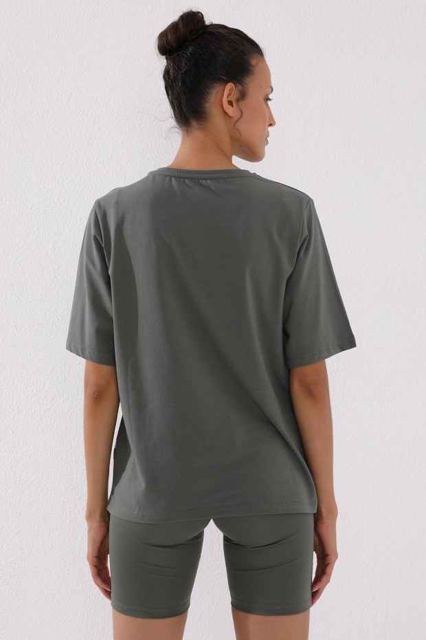 Çağla Karışık Desenli Yazı Baskılı O Yaka Kadın Oversize T-Shirt - 97132