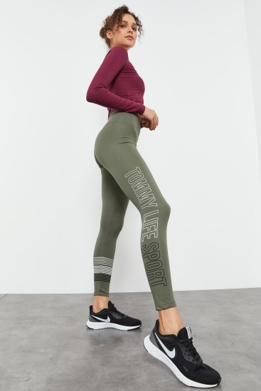 Çağla Yüksek Bel Yazı Baskılı Slim Fit Dar Paça Kadın Tayt - 94544 