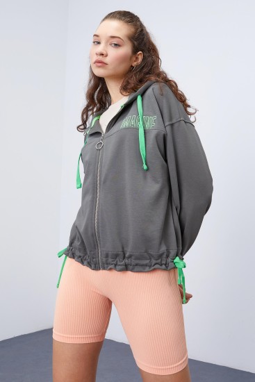 Çağla Kapüşonlu Renkli Bağcıklı Fermuarlı Kadın Oversize Sweatshirt - 97176 