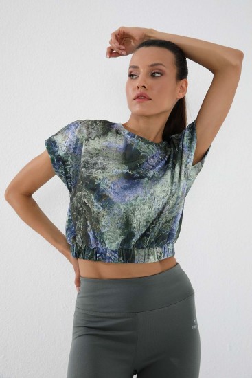 Çağla Karışık Desenli Lastikli Düşük Omuz O Yaka Kadın Oversize Crop Top T-Shirt - 97142 - Thumbnail