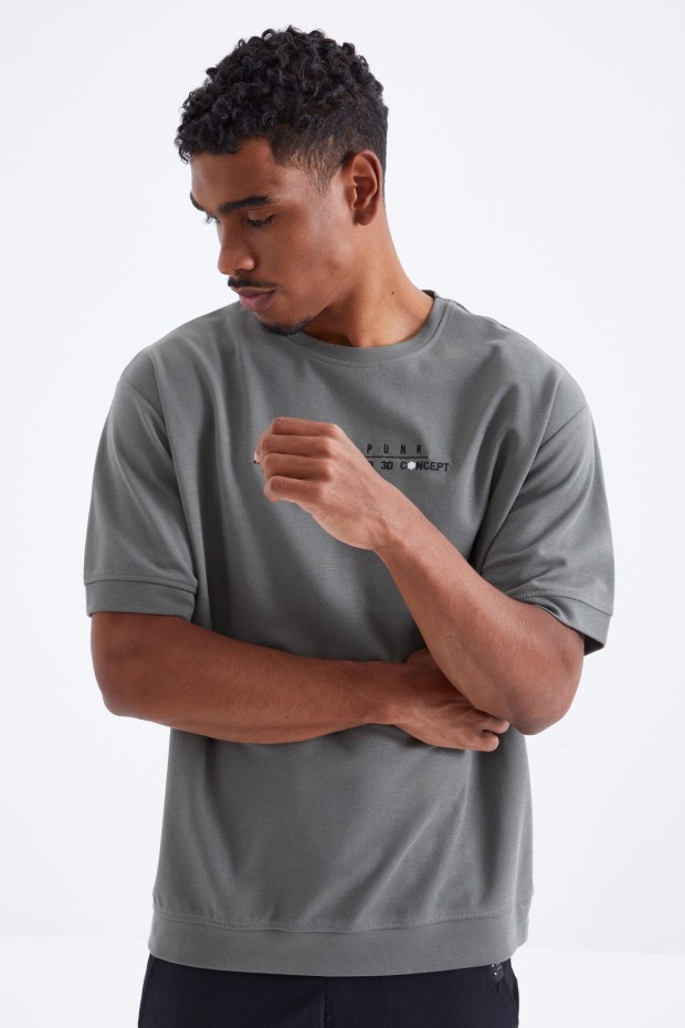Çağla Minimal Yazı Nakışlı O Yaka Erkek Oversize T-Shirt - 88106