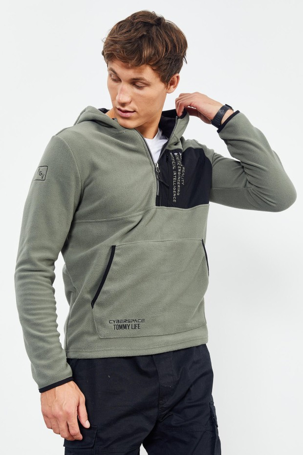 Çağla Nakışlı Yarım Fermuar Kapüşonlu Standart Kalıp Erkek Polar Sweatshirt - 87996 - 1