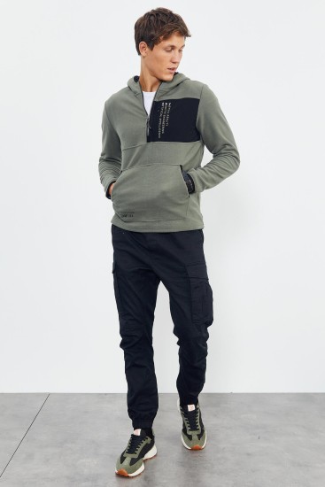 Çağla Nakışlı Yarım Fermuar Kapüşonlu Standart Kalıp Erkek Polar Sweatshirt - 87996 - TOMMYLIFE (1)