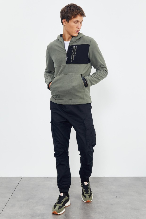 Çağla Nakışlı Yarım Fermuar Kapüşonlu Standart Kalıp Erkek Polar Sweatshirt - 87996 - 2