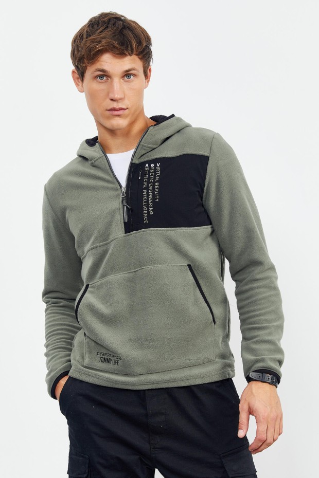 Çağla Nakışlı Yarım Fermuar Kapüşonlu Standart Kalıp Erkek Polar Sweatshirt - 87996 - 3