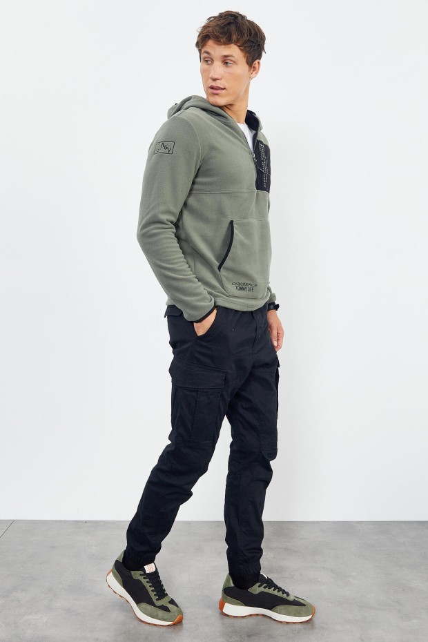 Çağla Nakışlı Yarım Fermuar Kapüşonlu Standart Kalıp Erkek Polar Sweatshirt - 87996 - 4