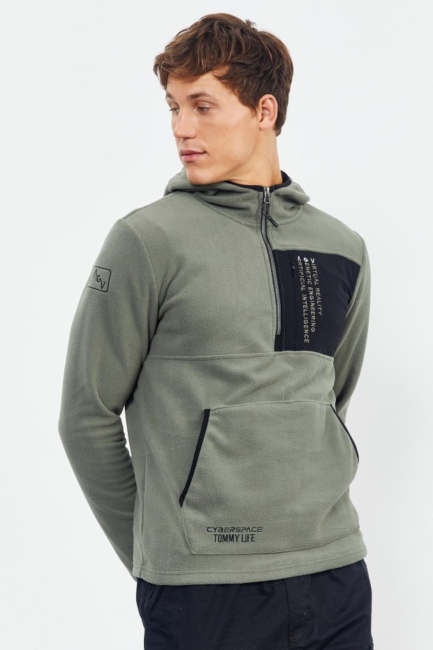 Çağla Nakışlı Yarım Fermuar Kapüşonlu Standart Kalıp Erkek Polar Sweatshirt - 87996 - 5