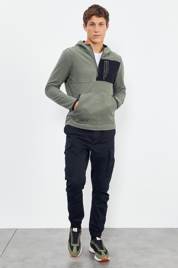 Çağla Nakışlı Yarım Fermuar Kapüşonlu Standart Kalıp Erkek Polar Sweatshirt - 87996 - 6