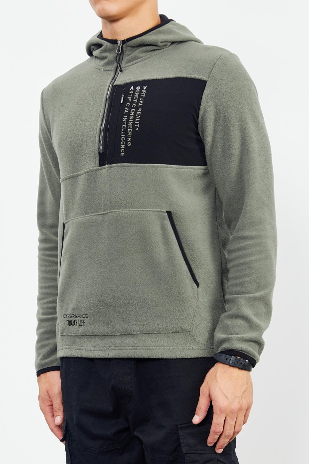 Çağla Nakışlı Yarım Fermuar Kapüşonlu Standart Kalıp Erkek Polar Sweatshirt - 87996 - 8