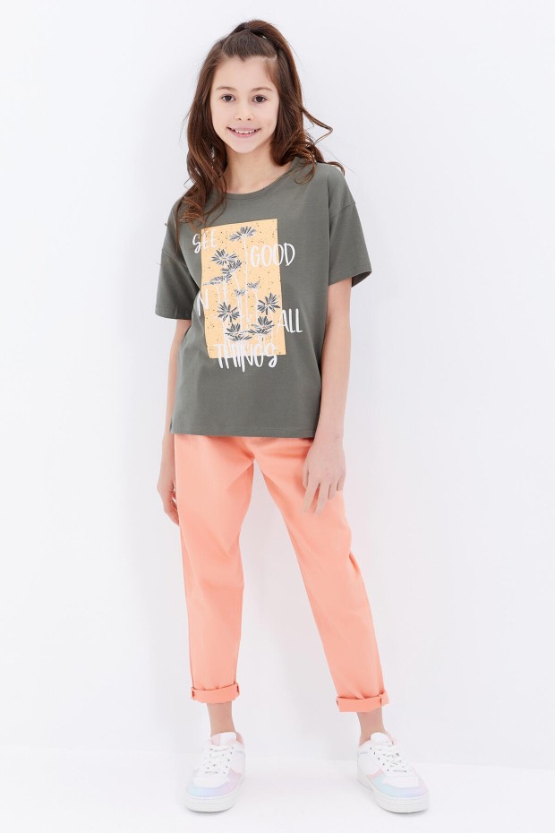 Çağla Oversize Yazı Baskılı O Yaka Düşük Omuz Kız Çocuk T-Shirt - 75032