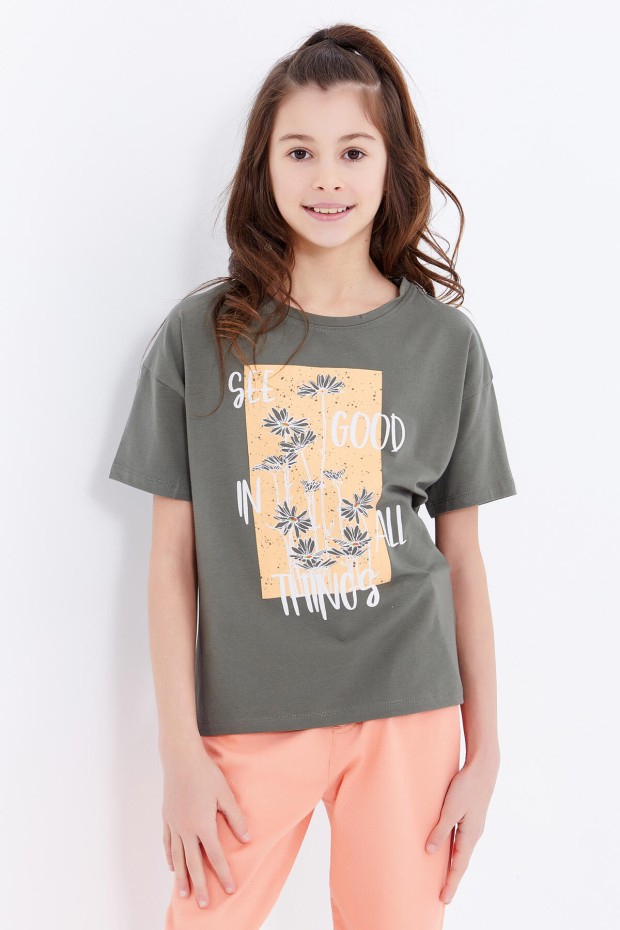 Çağla Oversize Yazı Baskılı O Yaka Düşük Omuz Kız Çocuk T-Shirt - 75032