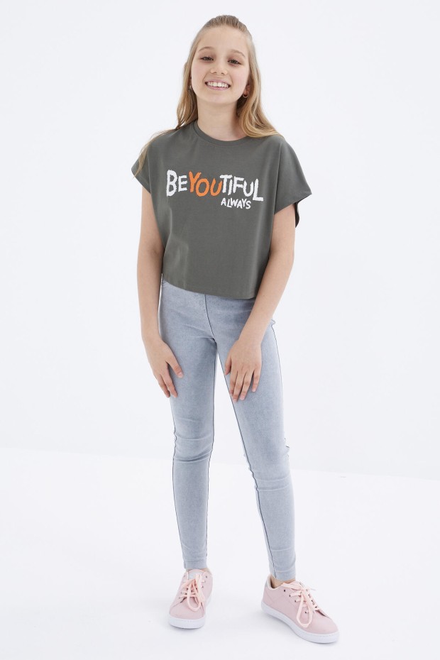 Çağla Oversize Yazı Baskılı O Yaka Kız Çocuk Crop T-Shirt - 75035