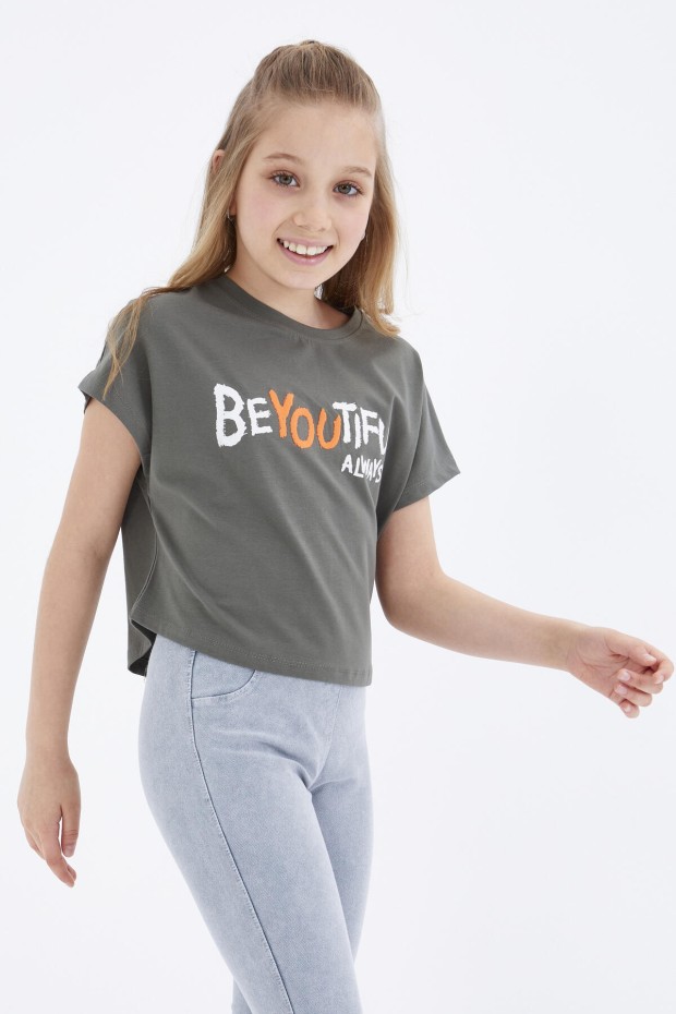 Çağla Oversize Yazı Baskılı O Yaka Kız Çocuk Crop T-Shirt - 75035