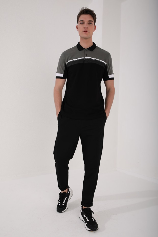Çağla Renkli Baskı Şeritli Standart Kalıp Düğmeli Polo Yaka Erkek T-Shirt - 87945