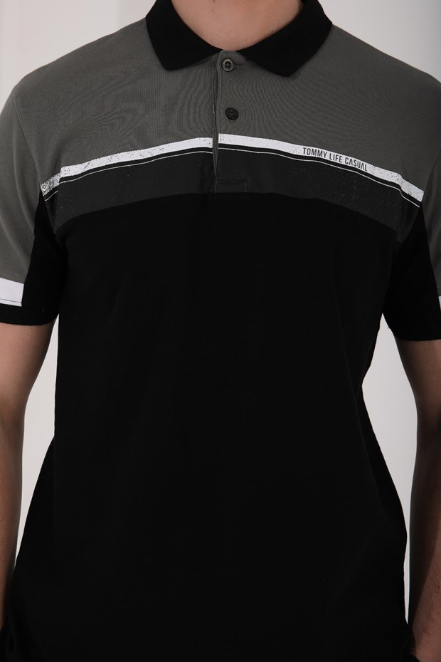 Çağla Renkli Baskı Şeritli Standart Kalıp Düğmeli Polo Yaka Erkek T-Shirt - 87945