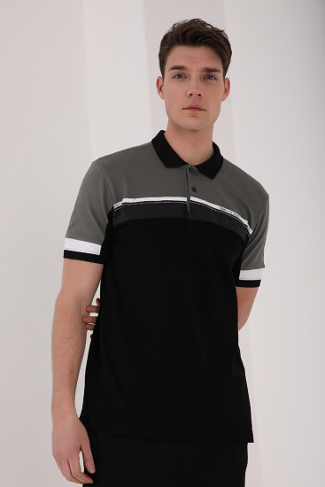 Çağla Renkli Baskı Şeritli Standart Kalıp Düğmeli Polo Yaka Erkek T-Shirt - 87945 - Thumbnail