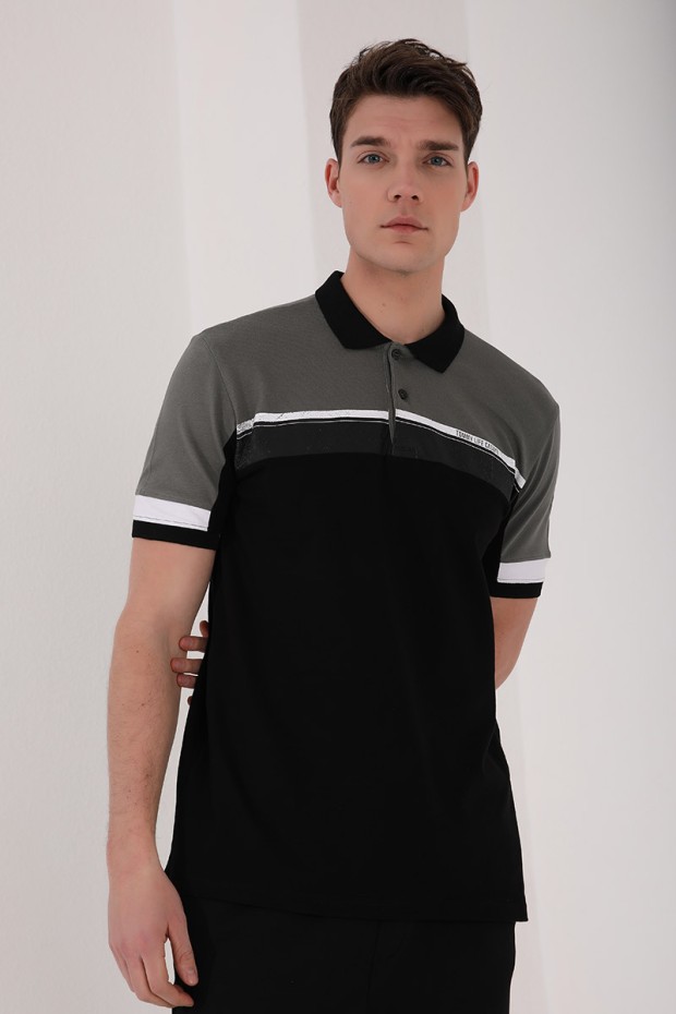 Çağla Renkli Baskı Şeritli Standart Kalıp Düğmeli Polo Yaka Erkek T-Shirt - 87945