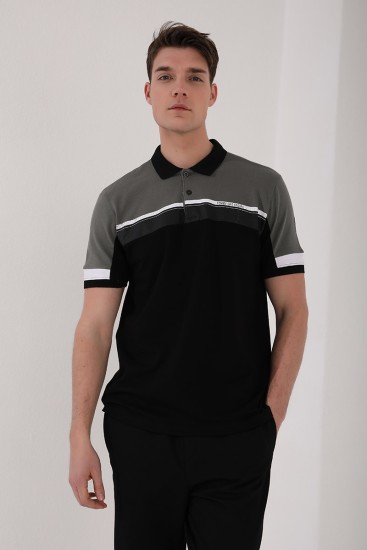 Çağla Renkli Baskı Şeritli Standart Kalıp Düğmeli Polo Yaka Erkek T-Shirt - 87945 - Thumbnail