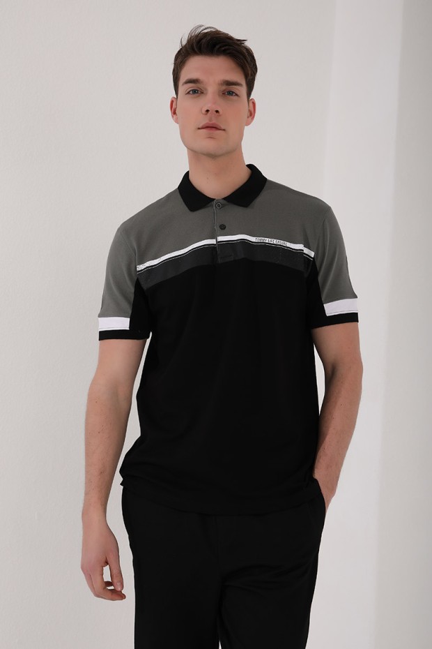 Çağla Renkli Baskı Şeritli Standart Kalıp Düğmeli Polo Yaka Erkek T-Shirt - 87945
