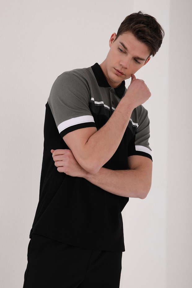 Çağla Renkli Baskı Şeritli Standart Kalıp Düğmeli Polo Yaka Erkek T-Shirt - 87945