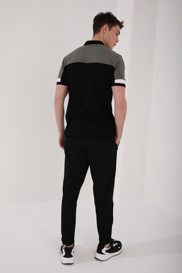 Çağla Renkli Baskı Şeritli Standart Kalıp Düğmeli Polo Yaka Erkek T-Shirt - 87945