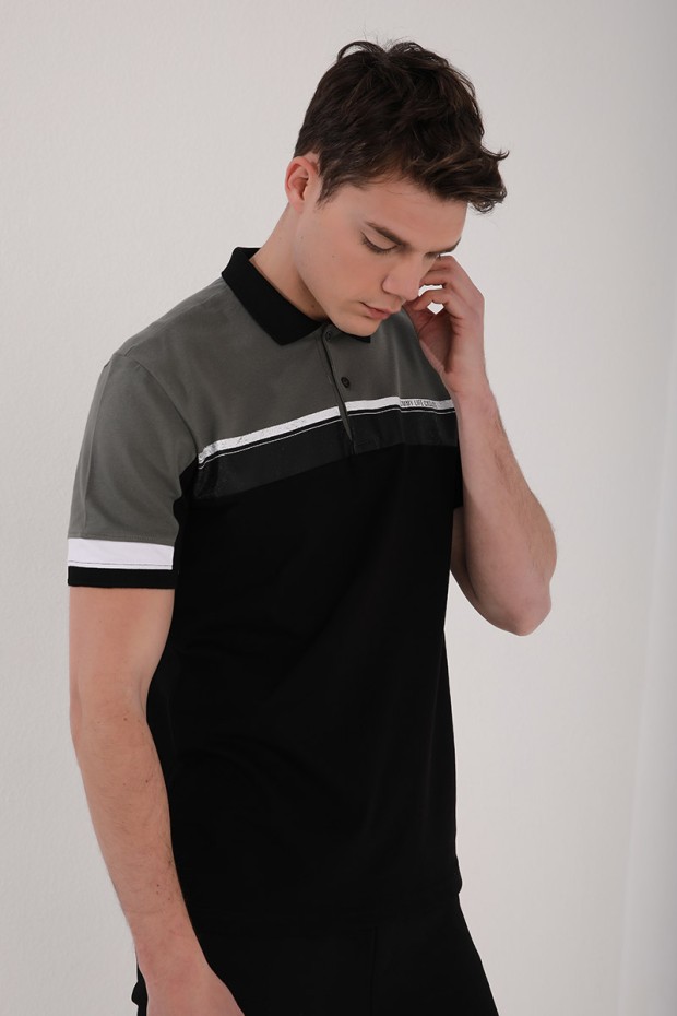 Çağla Renkli Baskı Şeritli Standart Kalıp Düğmeli Polo Yaka Erkek T-Shirt - 87945
