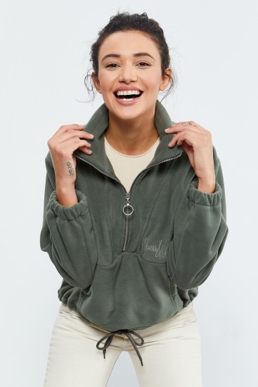 Çağla Yarım Fermuar Etek Ucu Büzgülü Kadın Polar Oversize Sweatshirt - 97171 