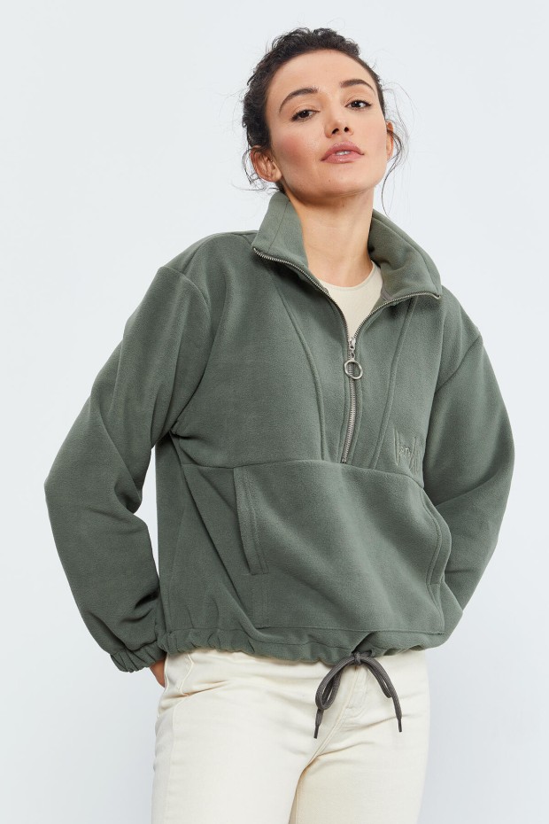 Çağla Yarım Fermuar Etek Ucu Büzgülü Kadın Polar Oversize Sweatshirt - 97171 - 3