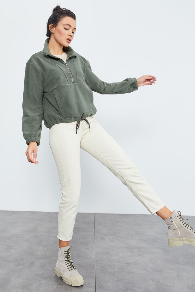 Çağla Yarım Fermuar Etek Ucu Büzgülü Kadın Polar Oversize Sweatshirt - 97171 - 4