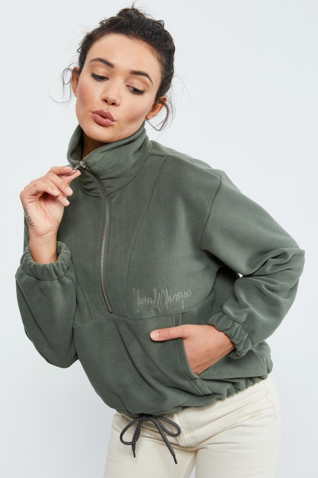 Çağla Yarım Fermuar Etek Ucu Büzgülü Kadın Polar Oversize Sweatshirt - 97171 - 5