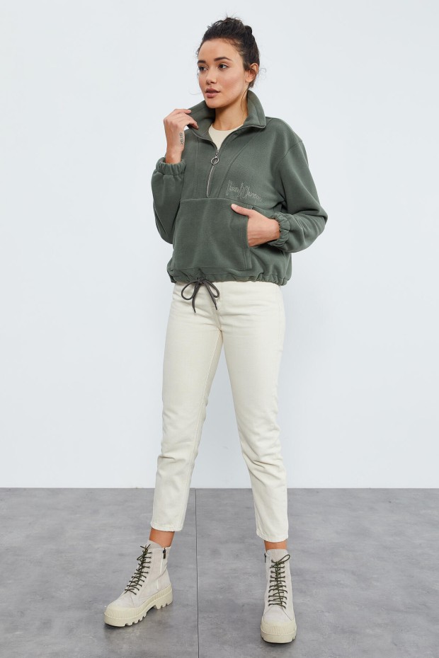 Çağla Yarım Fermuar Etek Ucu Büzgülü Kadın Polar Oversize Sweatshirt - 97171 - 6