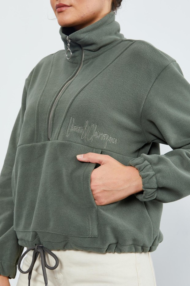 Çağla Yarım Fermuar Etek Ucu Büzgülü Kadın Polar Oversize Sweatshirt - 97171 - 8